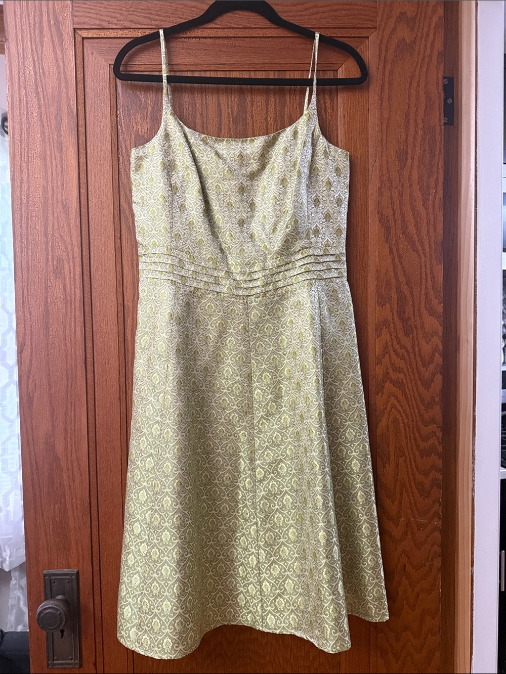 Spaghetti-Strap Cream-Green Patterned Midi Dress